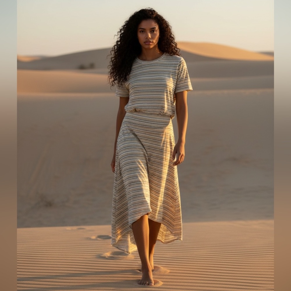 PRANA Jasmine Canella Stripe Midi Skirt Boho Beige Gold Brown High Low Medium
